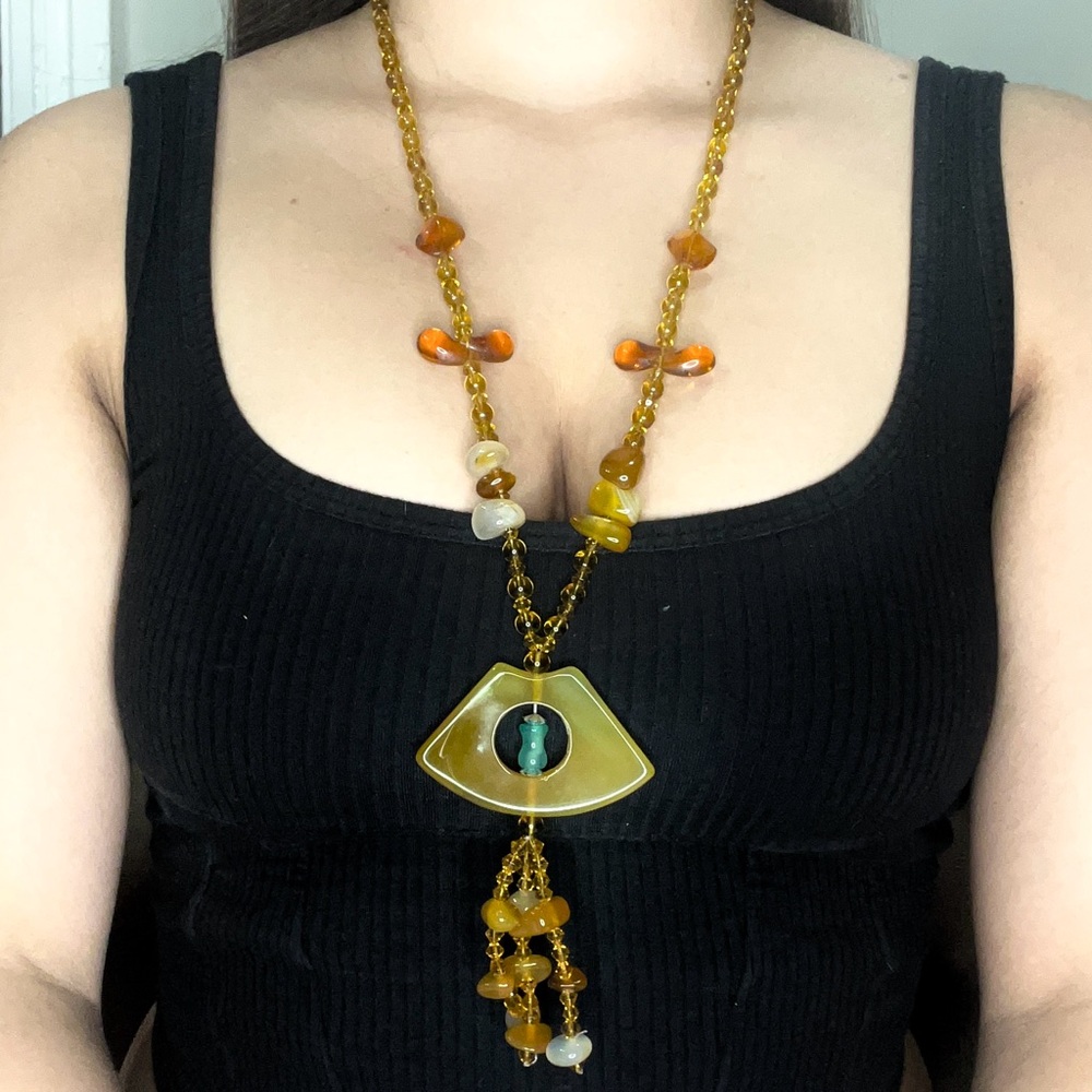 Vintage 80s gold tone triangle necklace with colorful beads